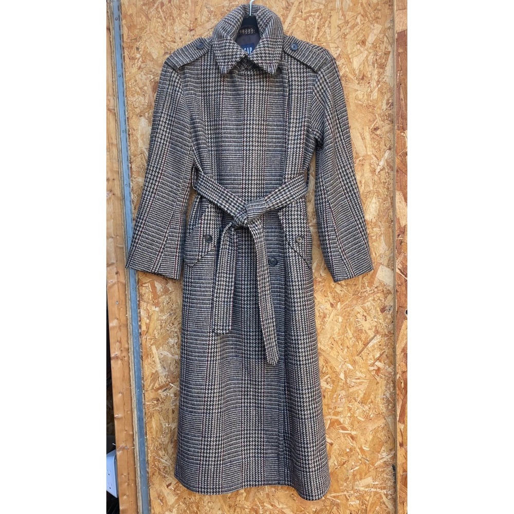 NWT Gap Coat Womens M Brown Glen Plaid Belted Longline Double Breasted Outerwear